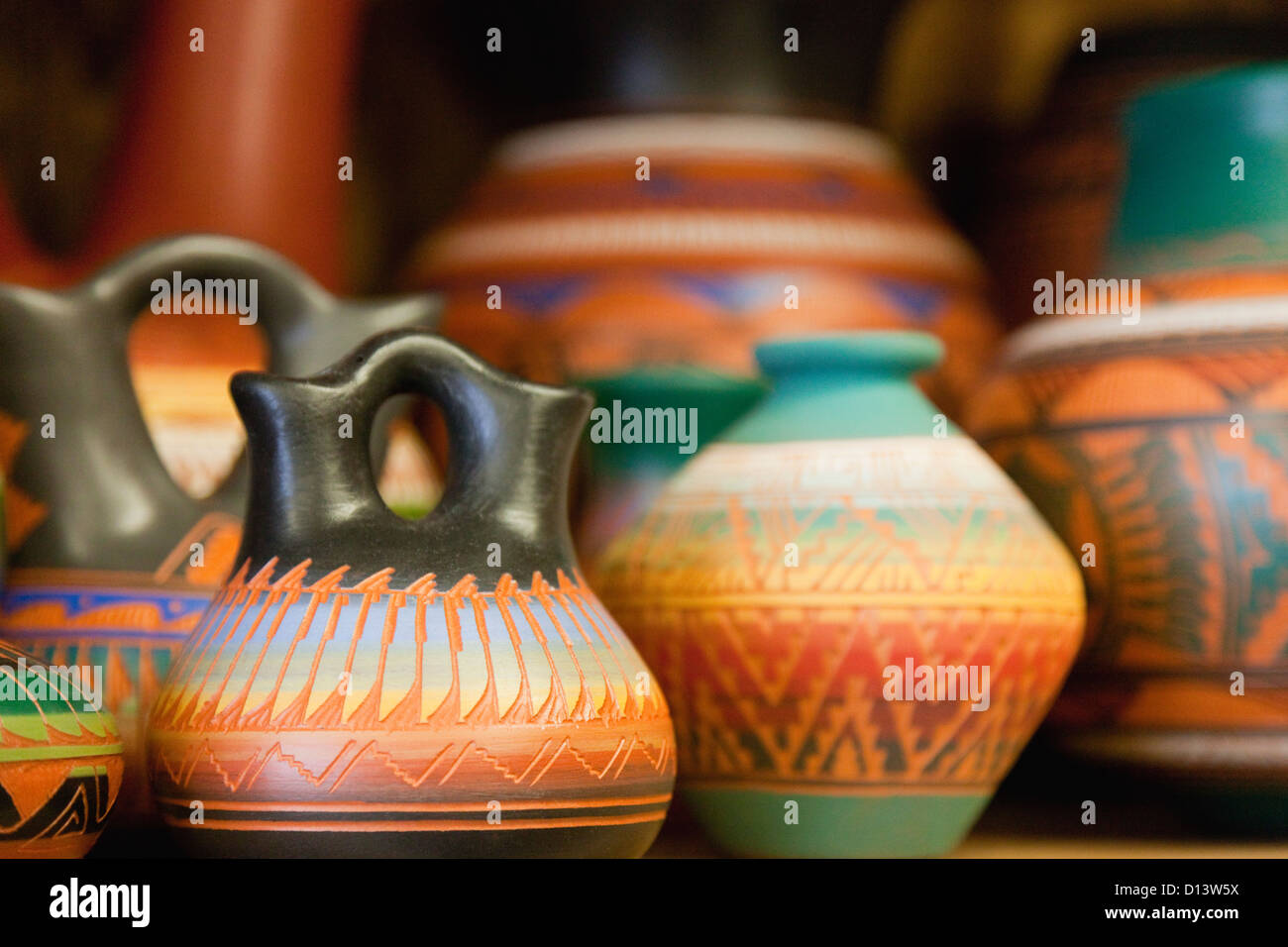 USA, Arizona, Phoenix, Row of colorful clay vases Stock Photo