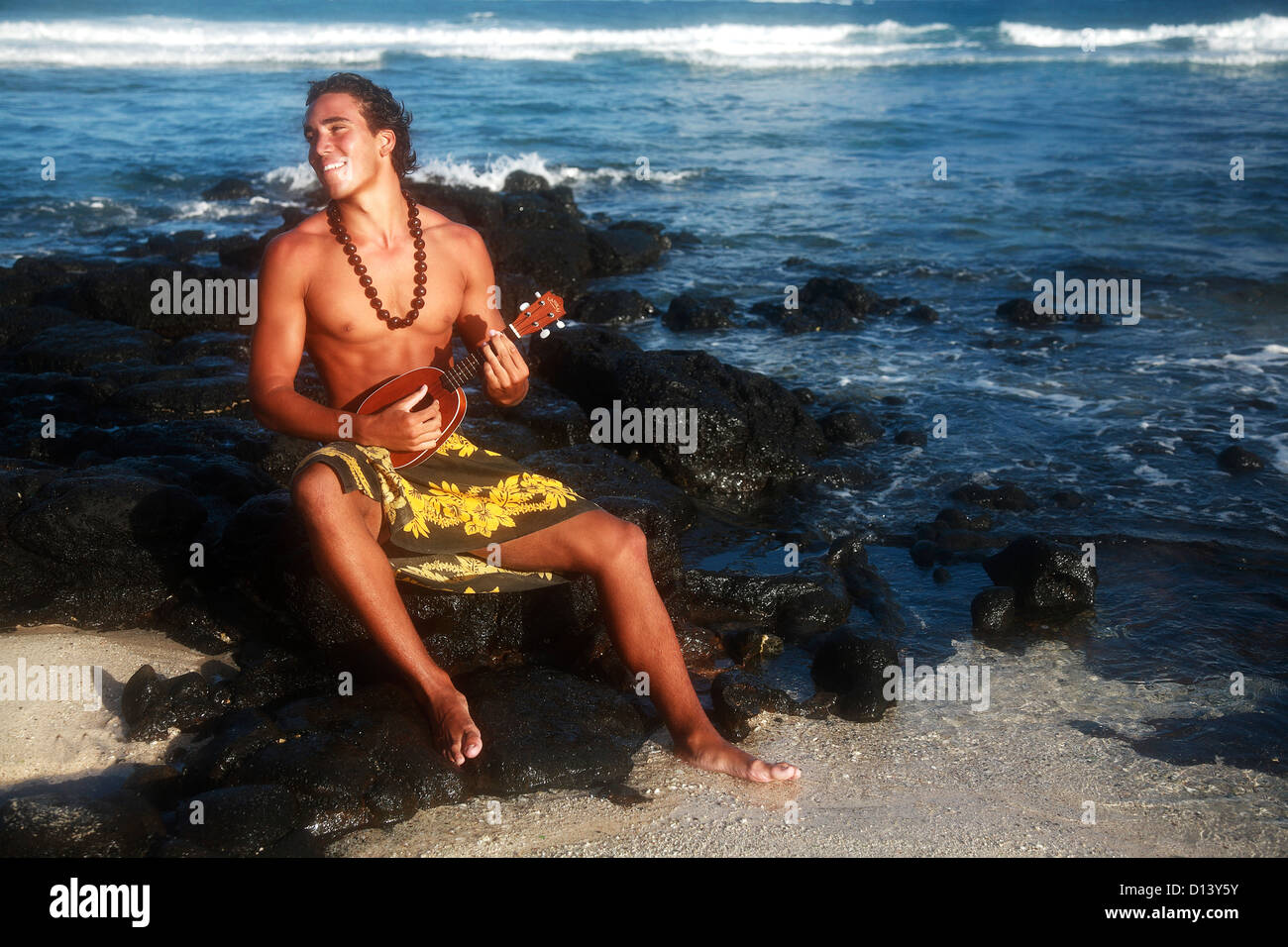Hawaii, Oahu, Hawaii, Oahu, Local Young Man Playing Ukulele On The