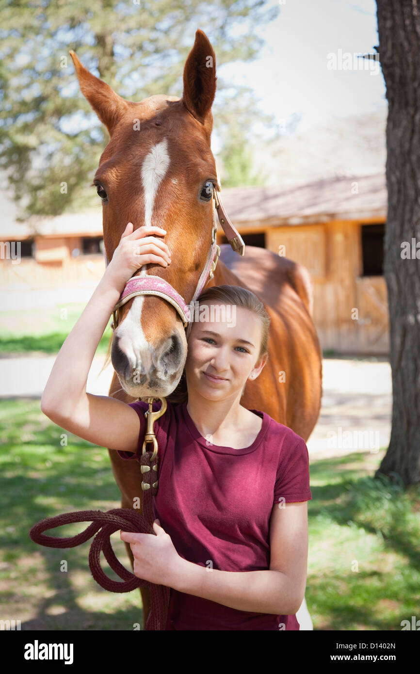USA, New Jersey, Hardwick, Girl with horse at farm Stock Photo Alamy