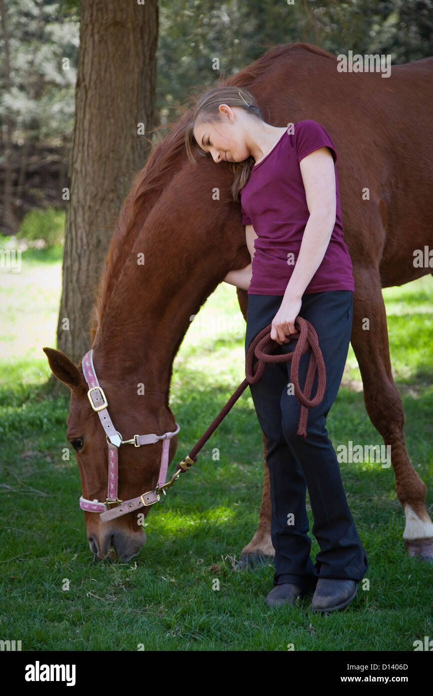 USA, New Jersey, Hardwick, Girl with horse at farm Stock Photo Alamy