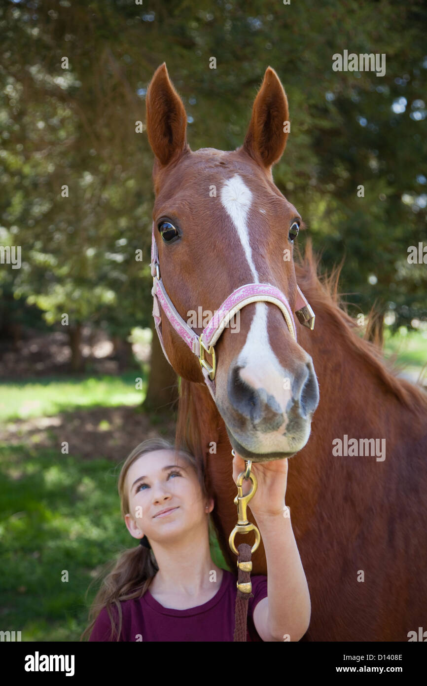 USA, New Jersey, Hardwick, Girl with horse at farm Stock Photo Alamy