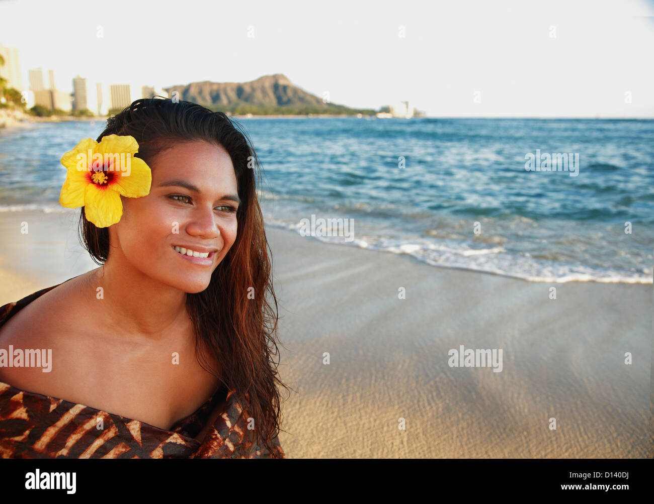 Hawaii, Oahu, Beautiful Local Polynesian Female Smiling On Waikiki