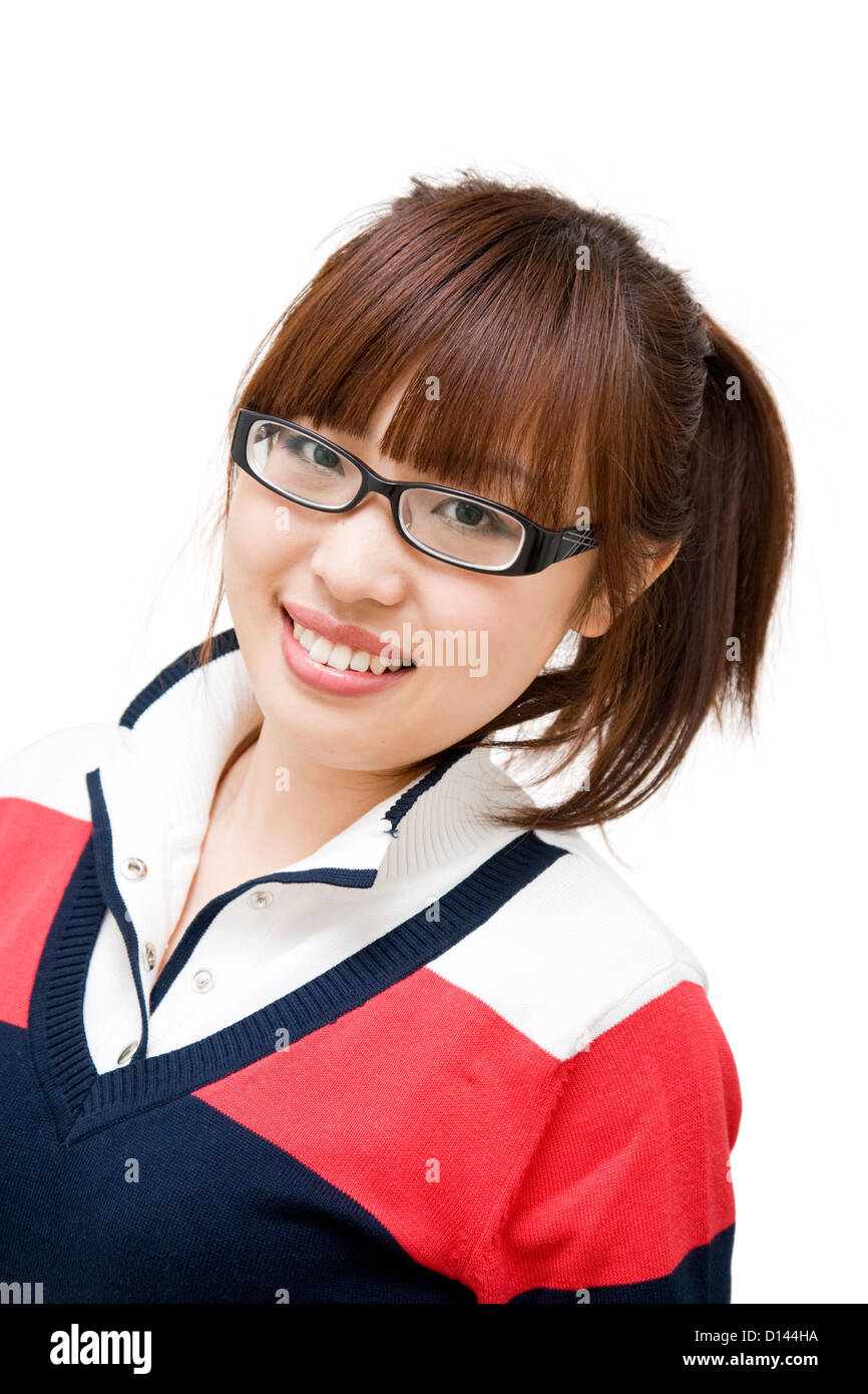 Asian young woman wearing glasses on white background. Stock Photo