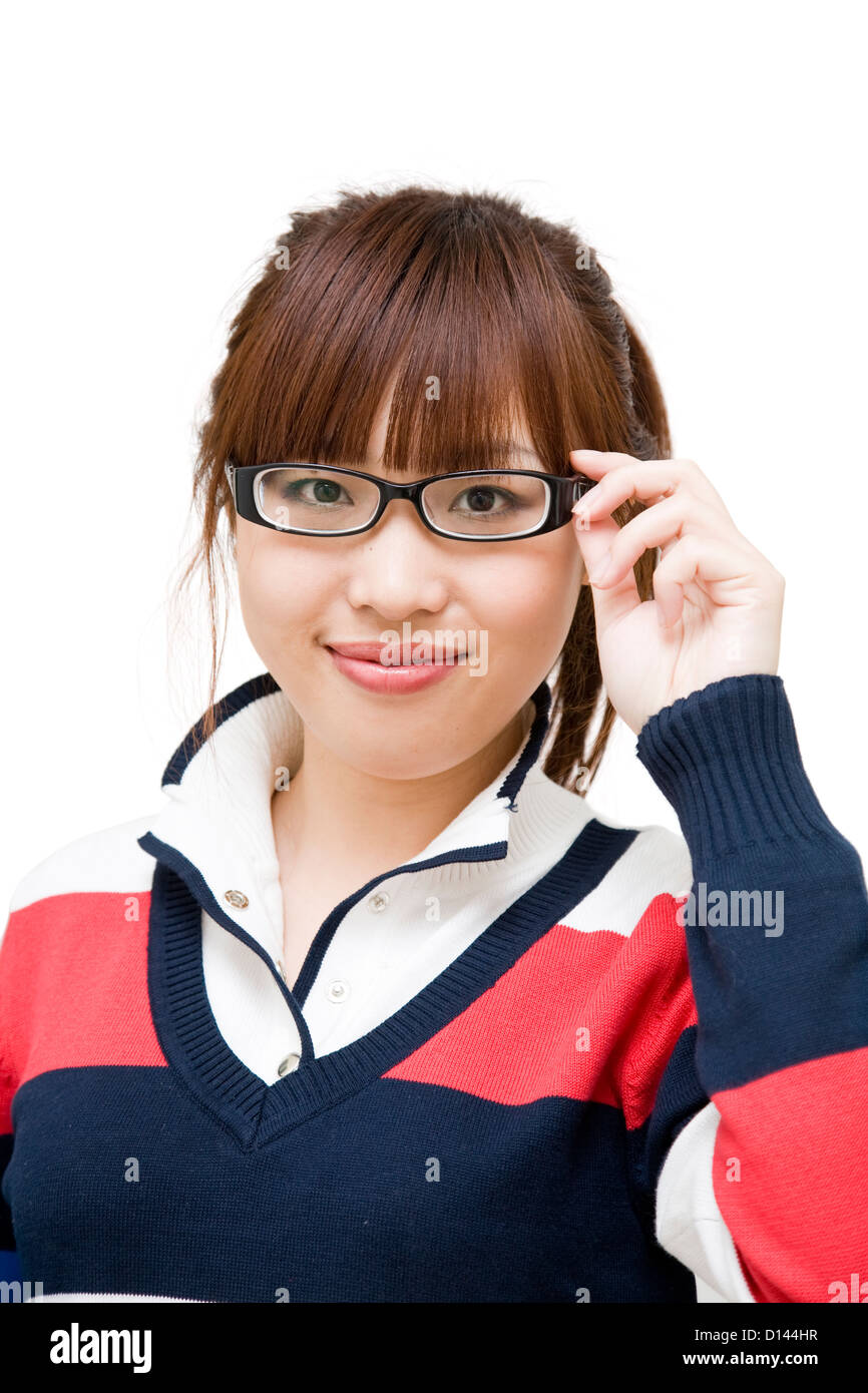 Asian young woman wearing glasses on white background. Stock Photo