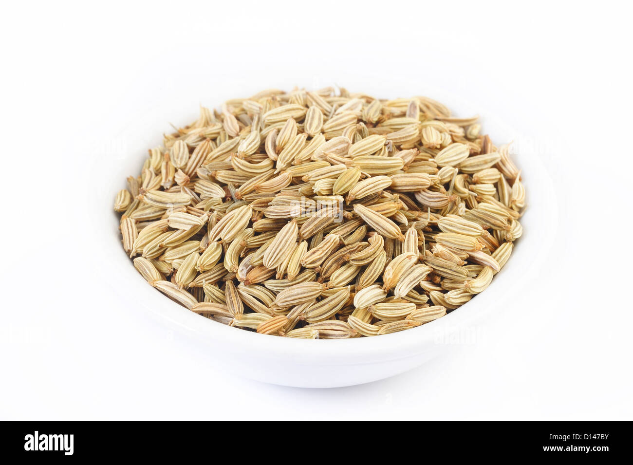 Fennel seeds in white bowl Stock Photo
