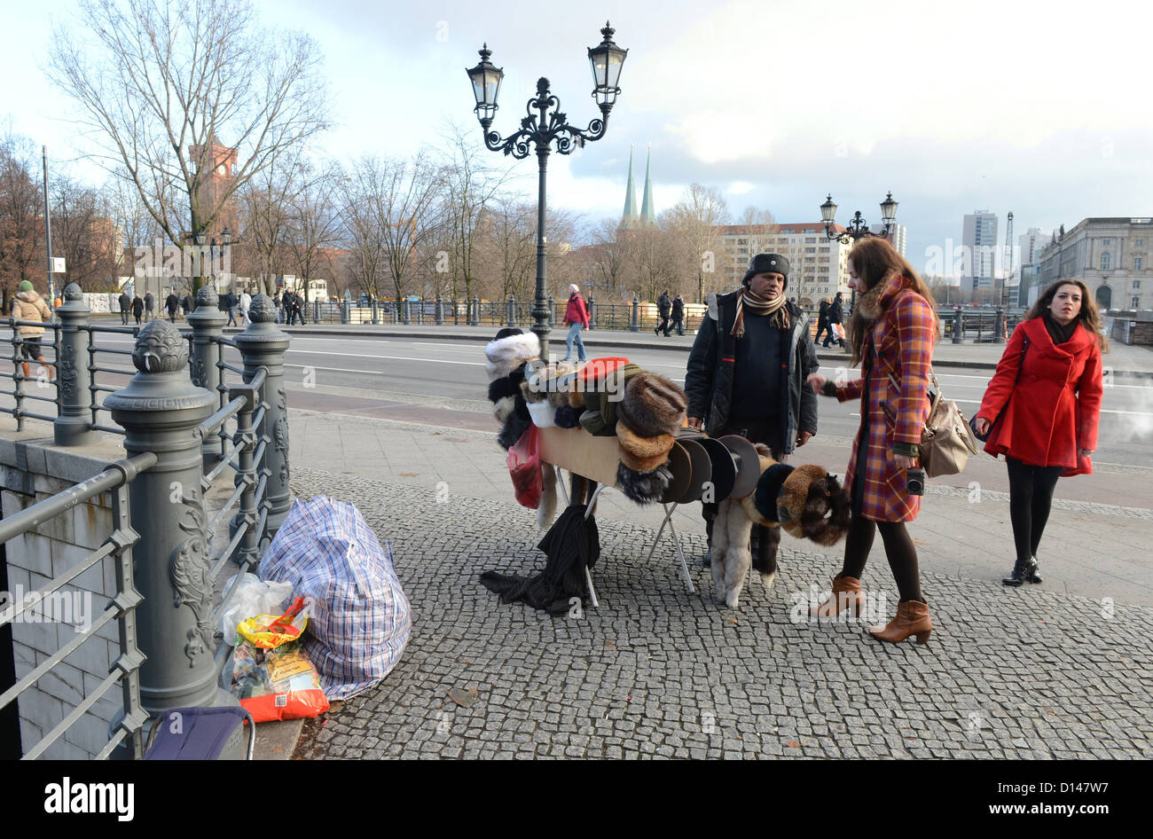 Russian ushanka hats are on sale at a souvenir stall near the Berliner Dom (berlin Cahtedral) in Berlin, Germany, 30 November 2012. Photo: Jens Kalaene Stock Photo