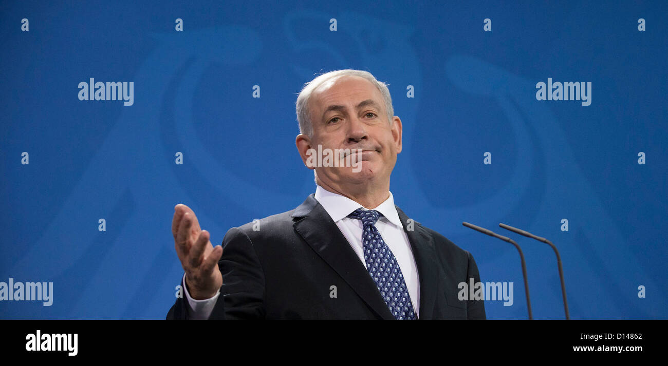 Israeli Prime Minister Benjamin Netanyahu gives a press conference at the chancellery in Berlin, Germany, 06 December 2012. Netanyahu's visit to Germany is overshadowed by Israel's plans to build new settler homes in a highly contentious strip of the occupied West Bank near Jerusalem. Photo: HANNIBAL Stock Photo