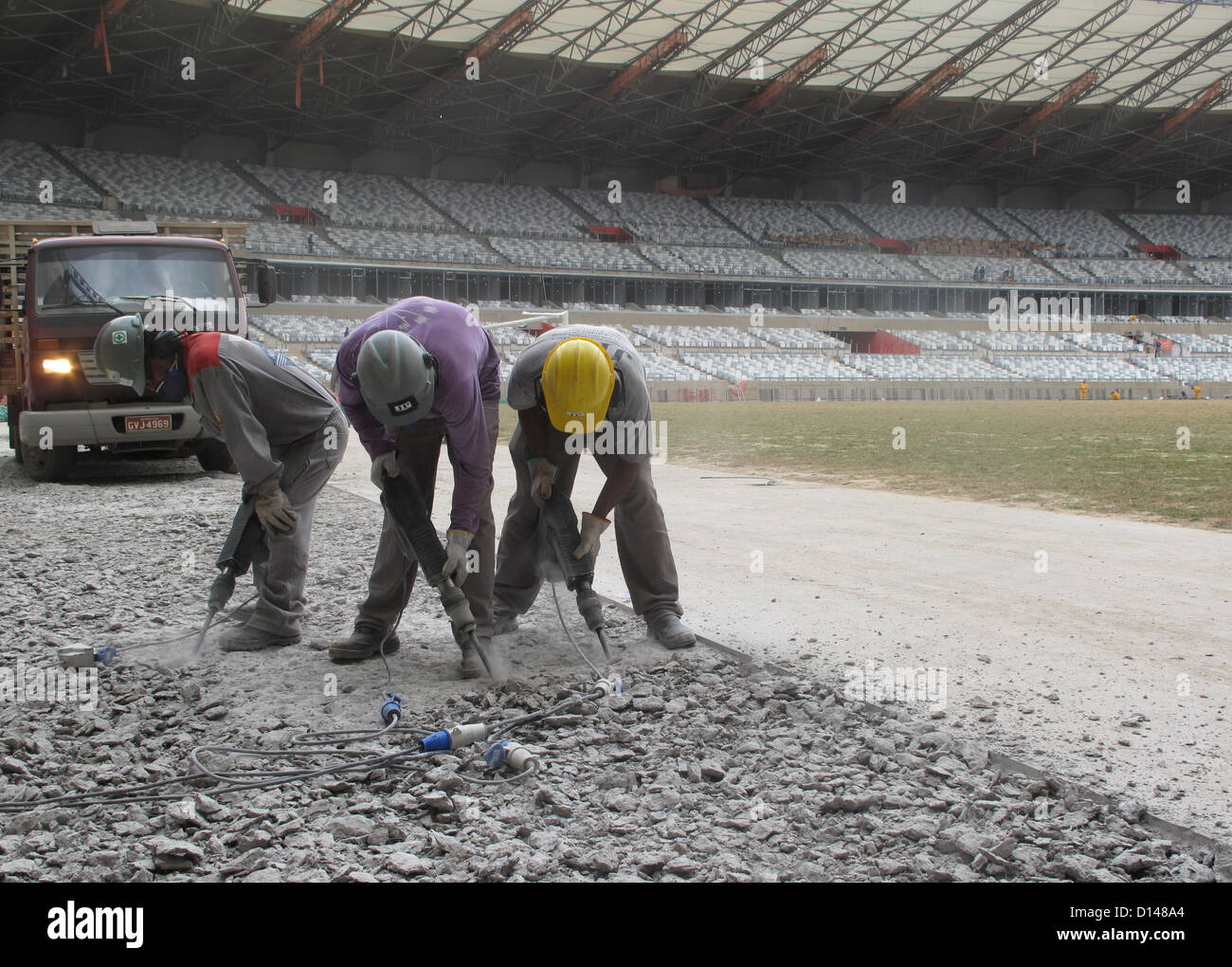 Construction works inside the Mineirao stadium in Belo Horizonte, Brazil, 03 December 2012. The stadium was established in 1965 and is currently undergoing a major renovation. Once finished it will have a capacity of 62,000 spectators and is one of the host stadiums of the FIFA Confederations Cup 2013 and the FIFA World Cup 2014. Photo: Arne Richter/dpa Stock Photo