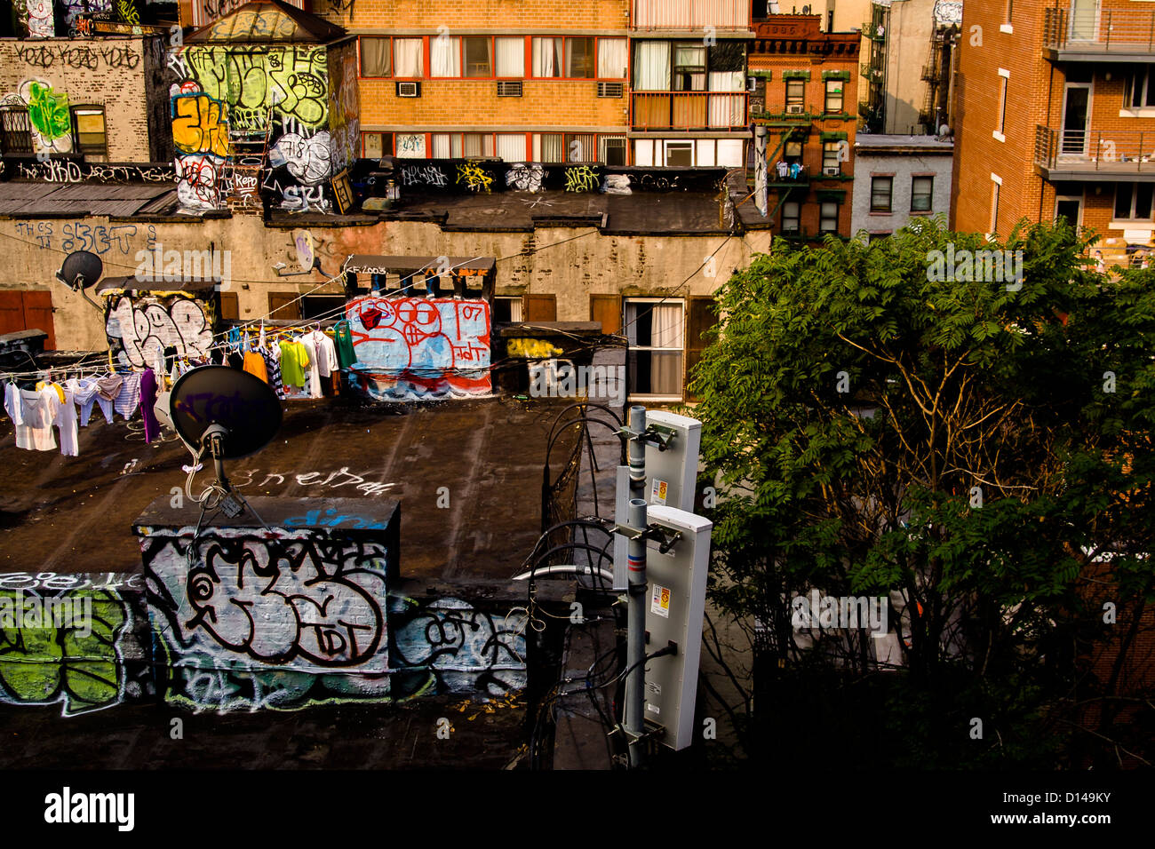 Roof tops painted with graffiti, Chunatown downtown Manhattan, New York