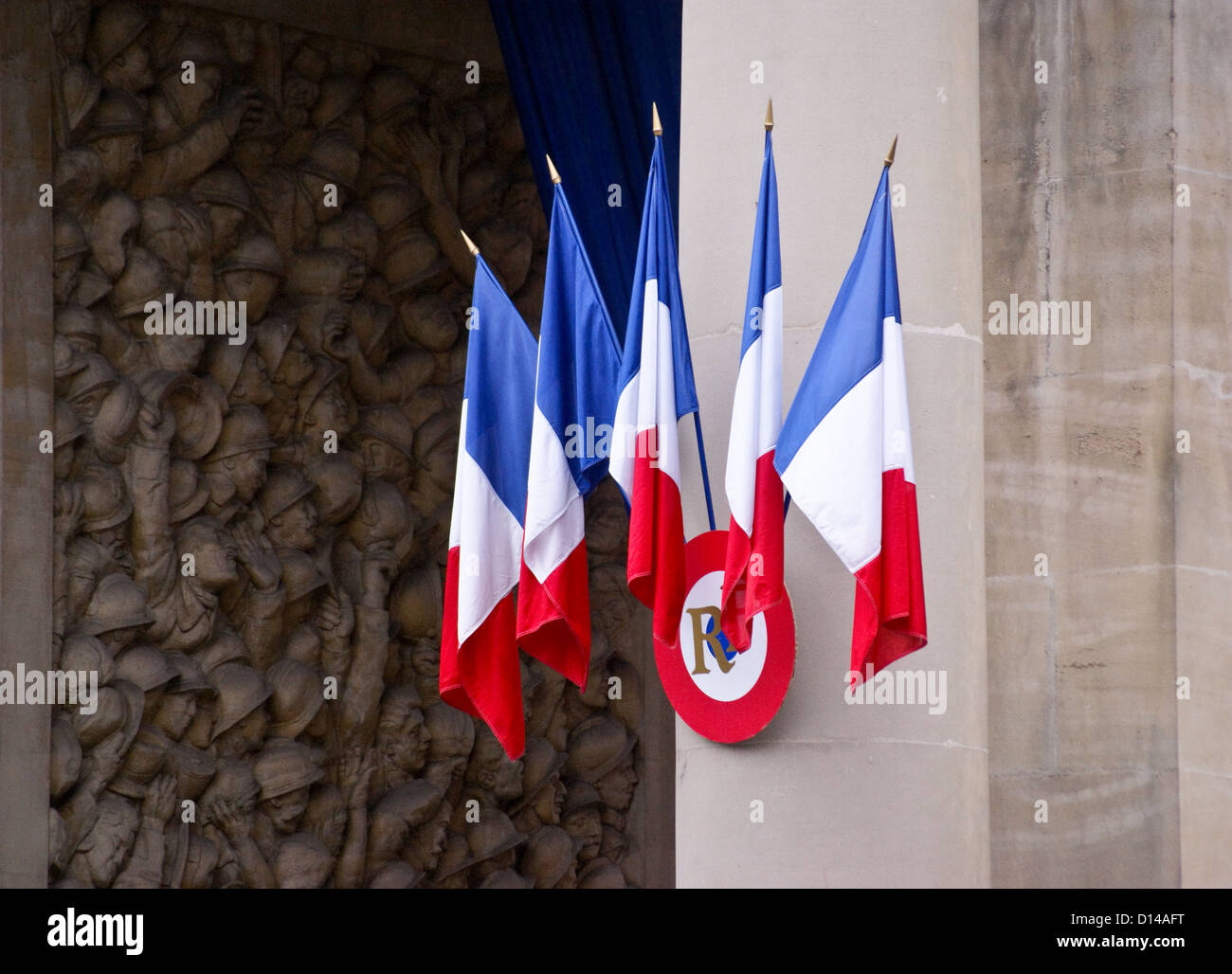 French tricolours, Remembrance Sunday parade (Jour du Souvenir), Monument aux Morts, Toulouse, Haute-Garonne, France Stock Photo