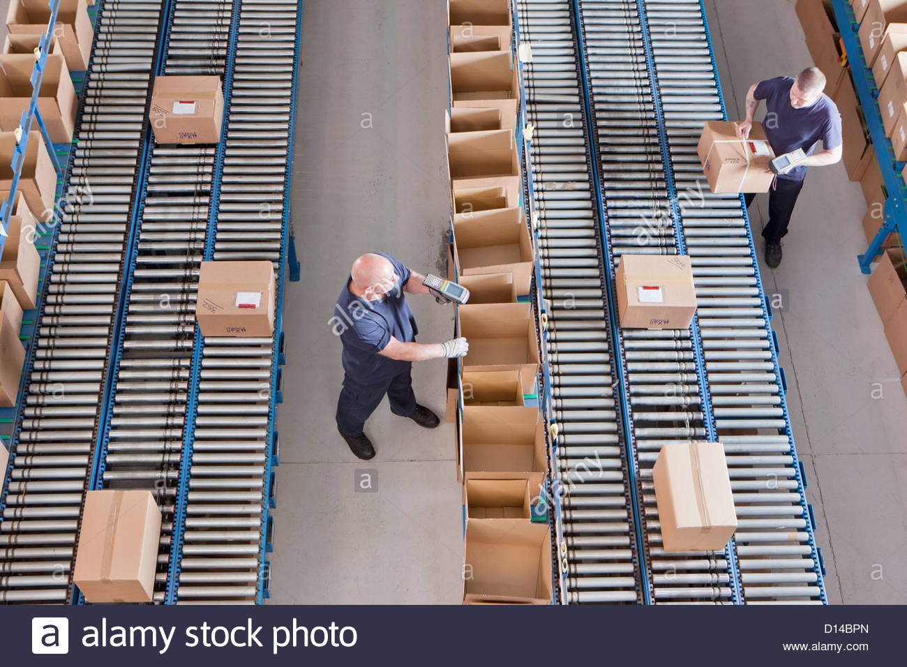 Workers packing boxes on conveyor belts in distribution warehouse Stock Photo 52342829 Alamy