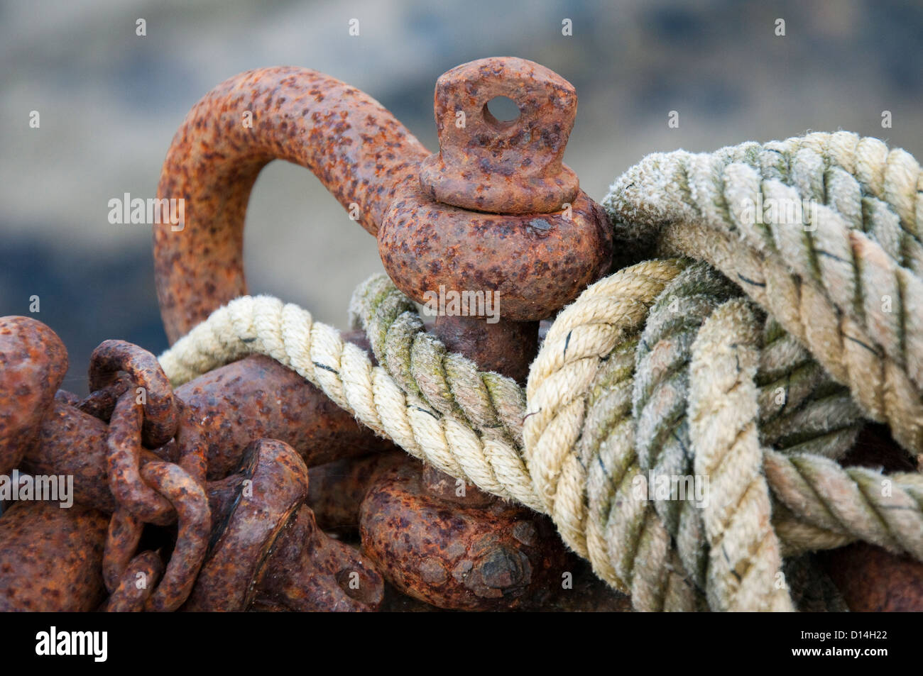 Close up of rusty chains and rope in Braye Harbour Alderney, Channel Islands Stock Photo