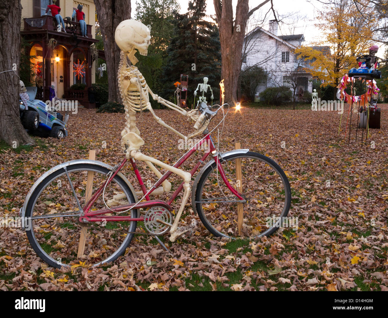 Halloween Decorations at Dusk, Two Story Showcase Home, USA  2012 Stock Photo