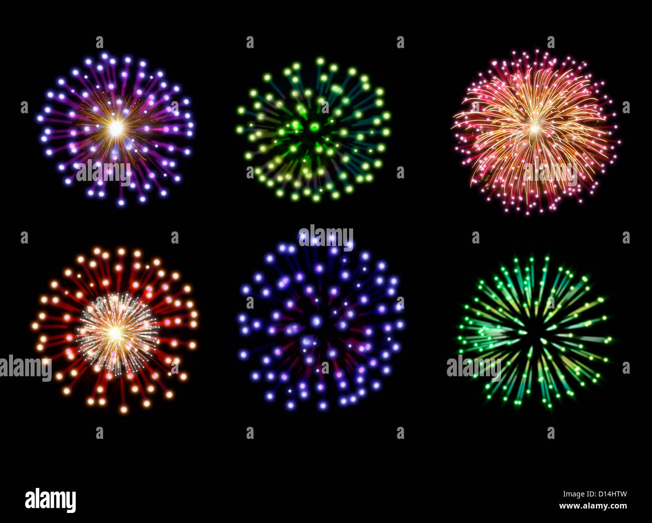 Collection of colorful fireworks, sparklers, salute and petards explosions. Design elements isolated over black background Stock Photo