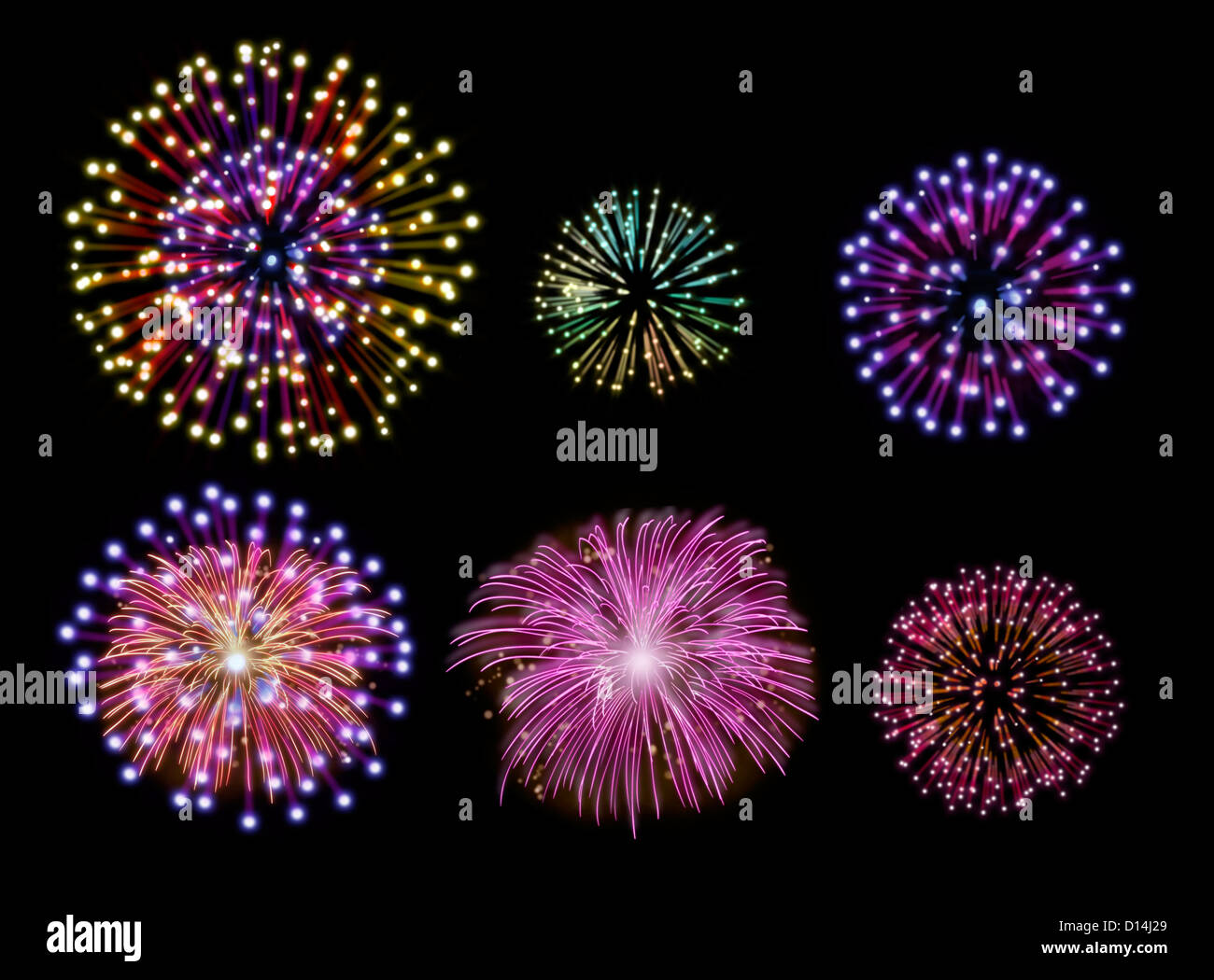 Collection of colorful fireworks, sparklers, salute and petards explosions. Design elements isolated over black background Stock Photo