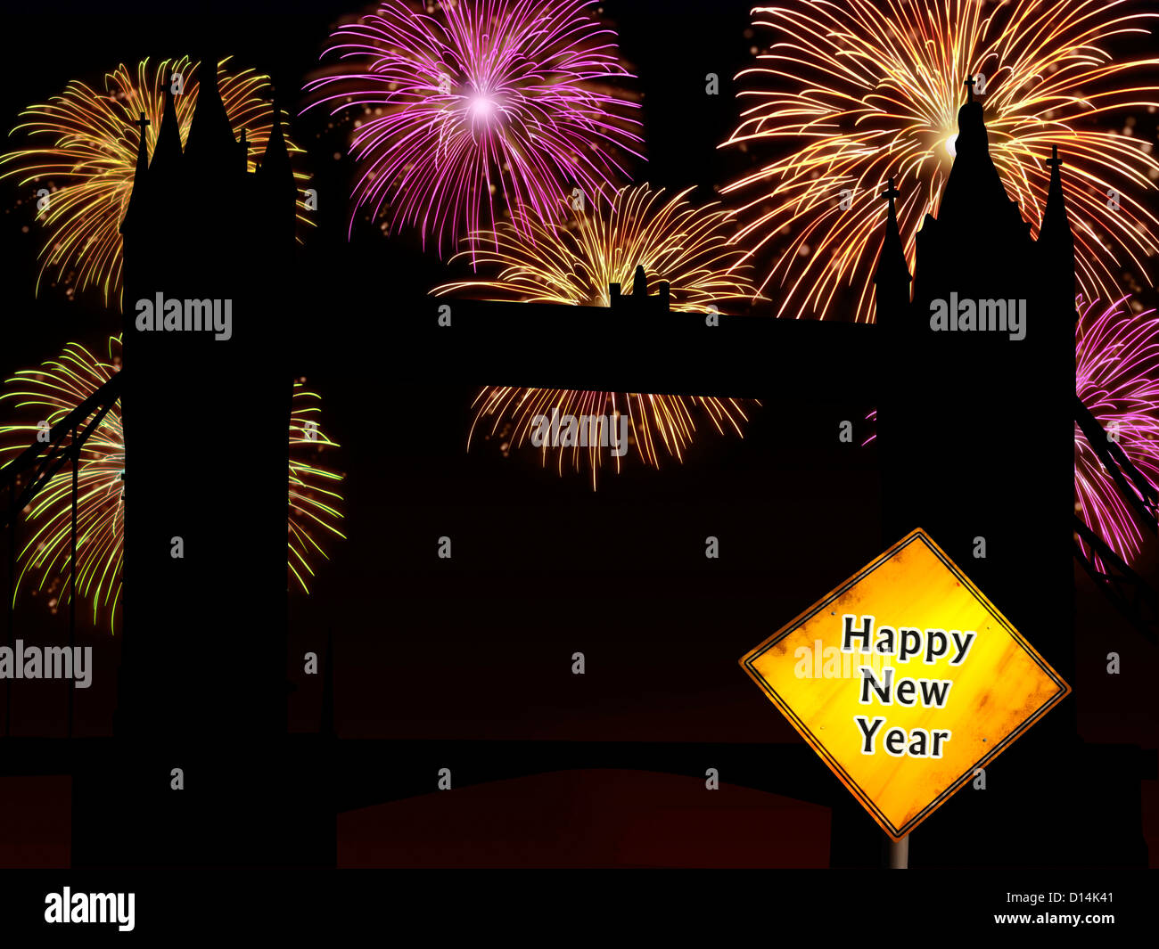 Fireworks happy New year London city night scene with Tower bridge landmark silhouette. Stock Photo