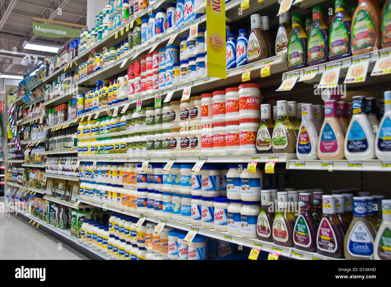 Large choice of mayonnaise and sauces in an american supermarket - Utah, USA Stock Photo