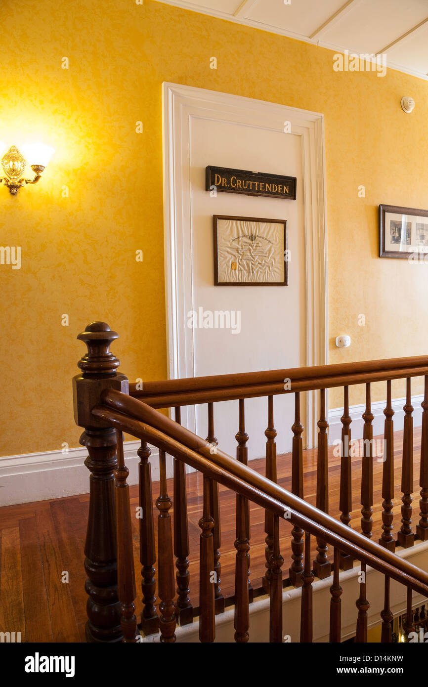 Decorative Finial on Newel Post ,Balustrade and Staircase, Landmark Inn, Bed and Breakfast, Cooperstown, NY Stock Photo