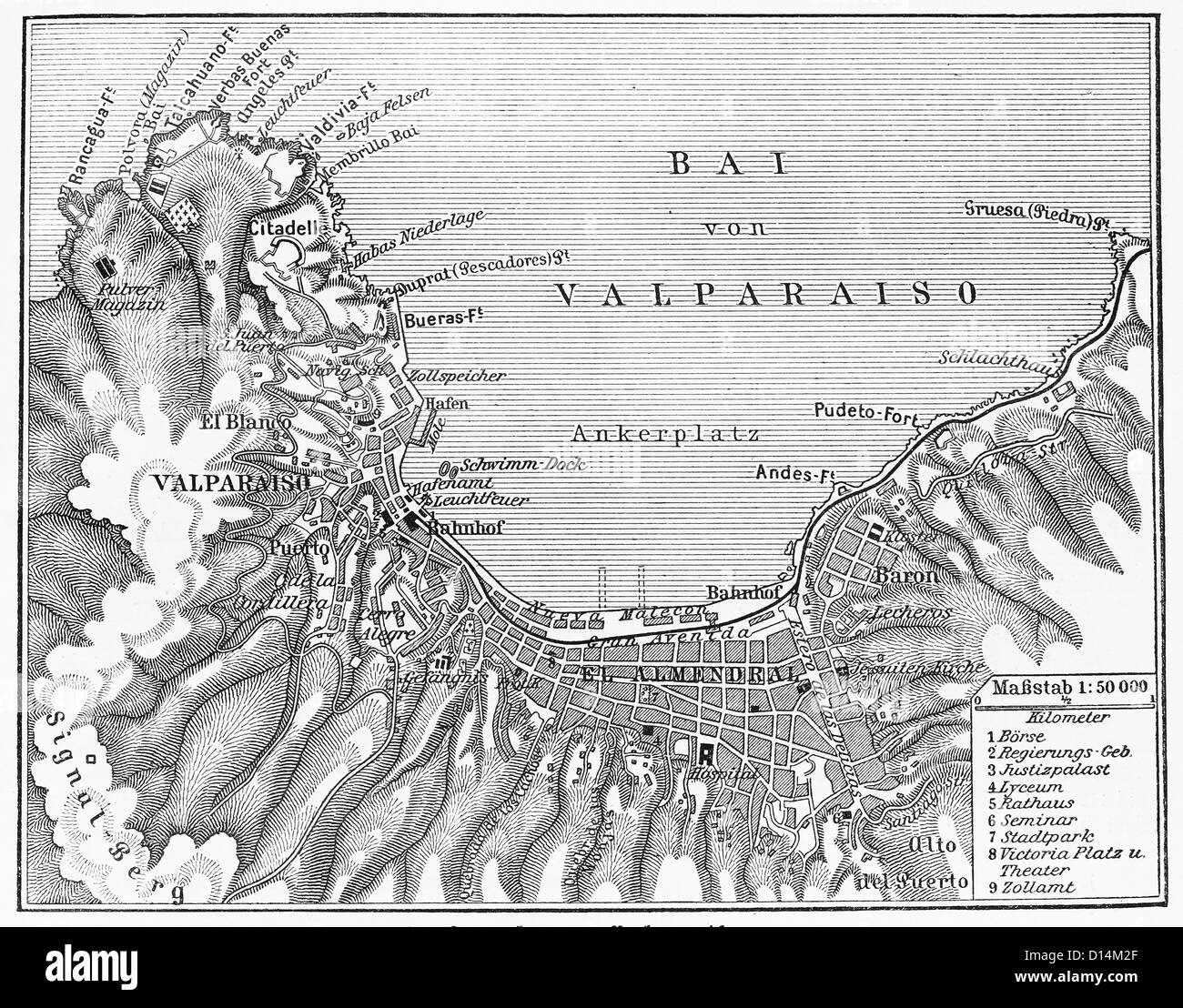 Vintage map of Valparaiso, Chile at the end of 19th century Stock Photo