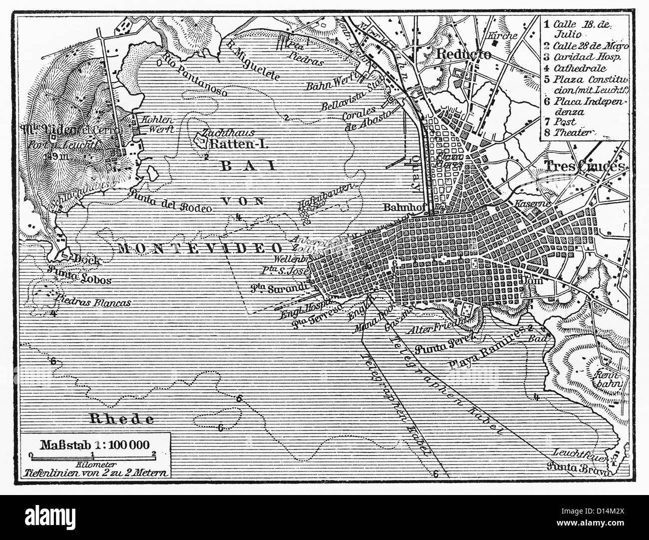 Vintage map of Montevideo at the end of 19th century Stock Photo