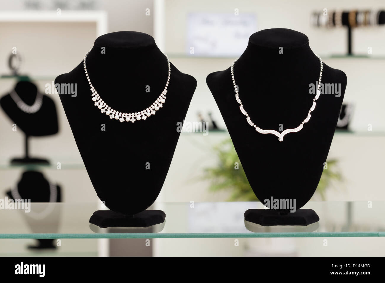 USA, Illinois, Metamora, necklaces on display in jewelry store Stock Photo