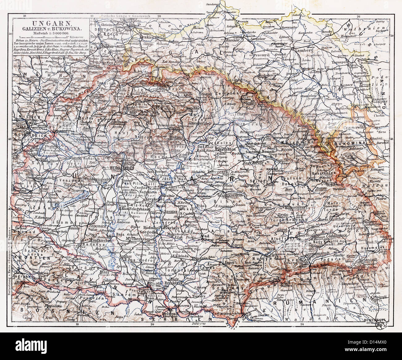 Vintage map of Hungary at the end of 19th century Stock Photo