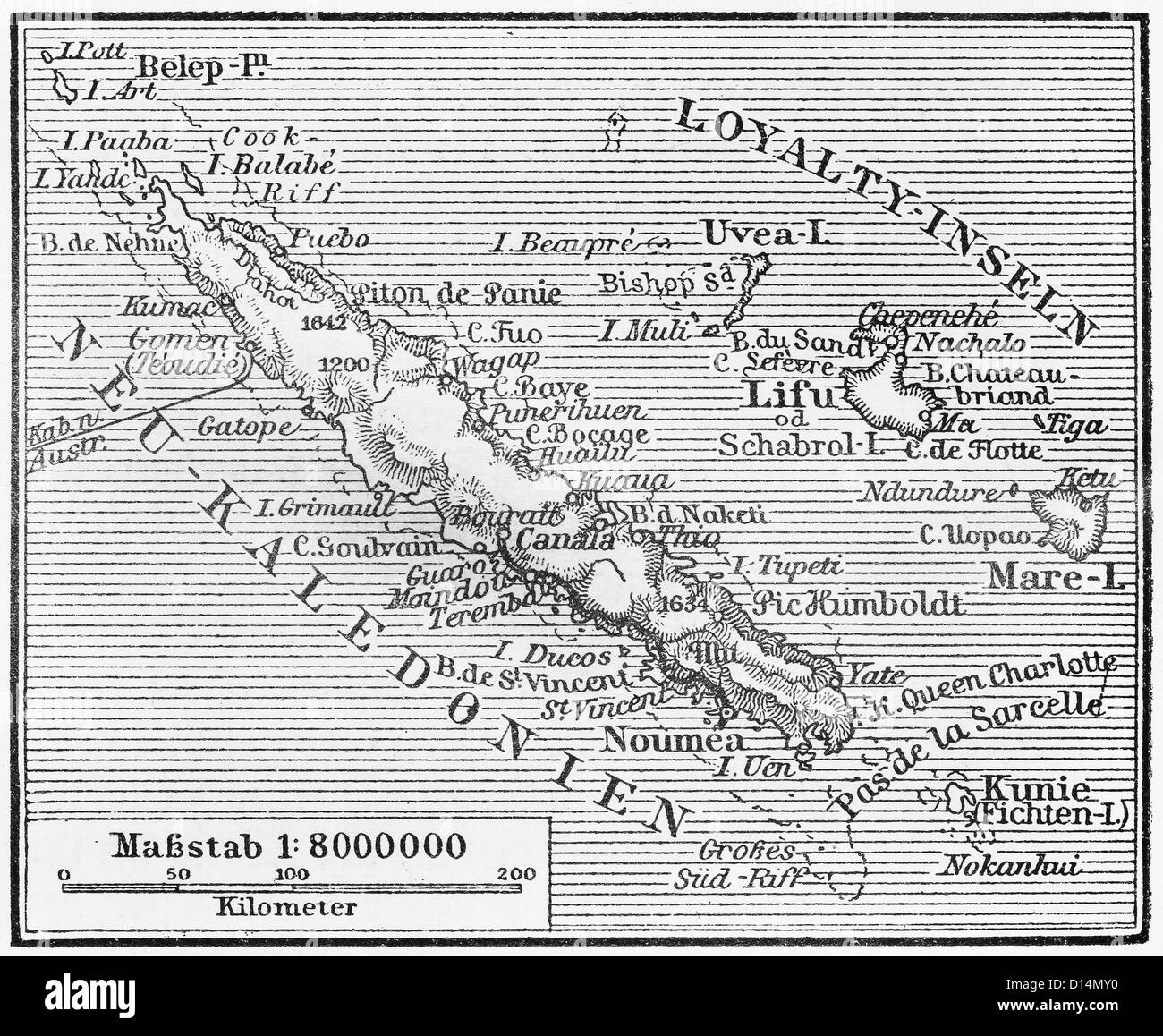 Vintage map of New Caledonia at the end of 19th century Stock Photo