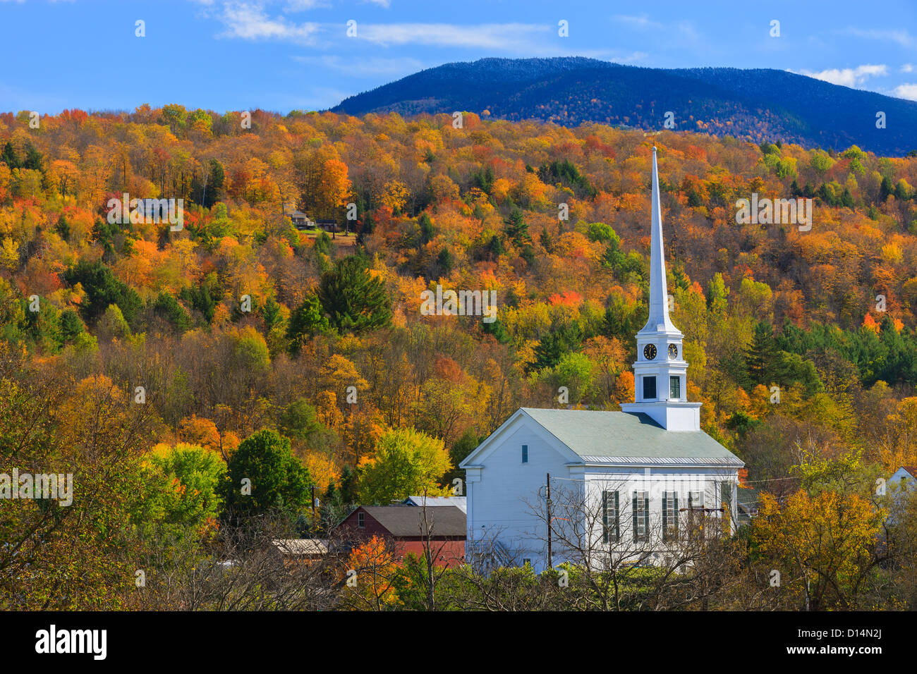 The famous white Community Church, in Stowe, Vermont. Stock Photo