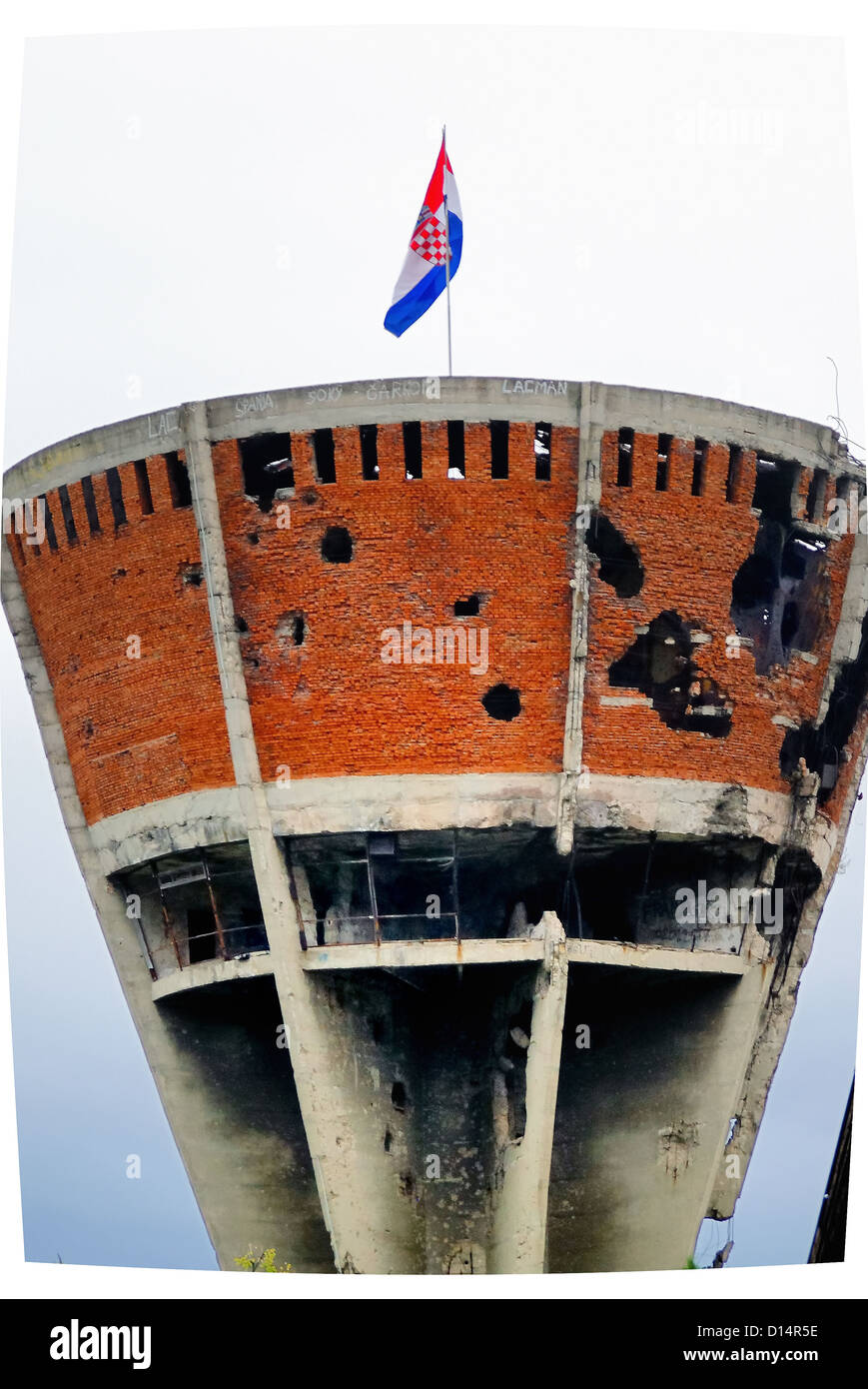 Croatia, Vukovar. The Vukovar water tower. Heavily damaged in the battle. Stock Photo