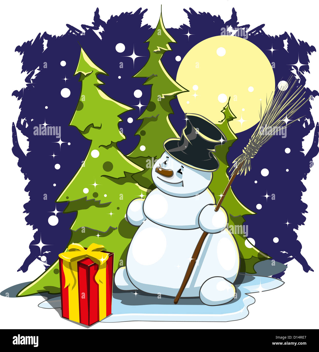 illustration snowman with gift on background night sky Stock Photo - Alamy