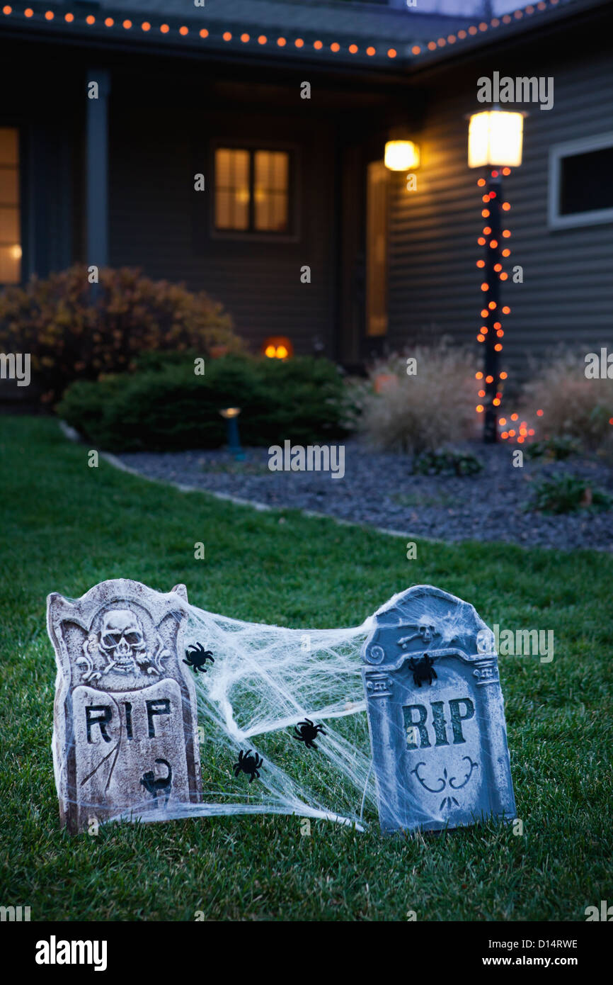 USA, Illinois, Metamora, Halloween decoration in front of house Stock