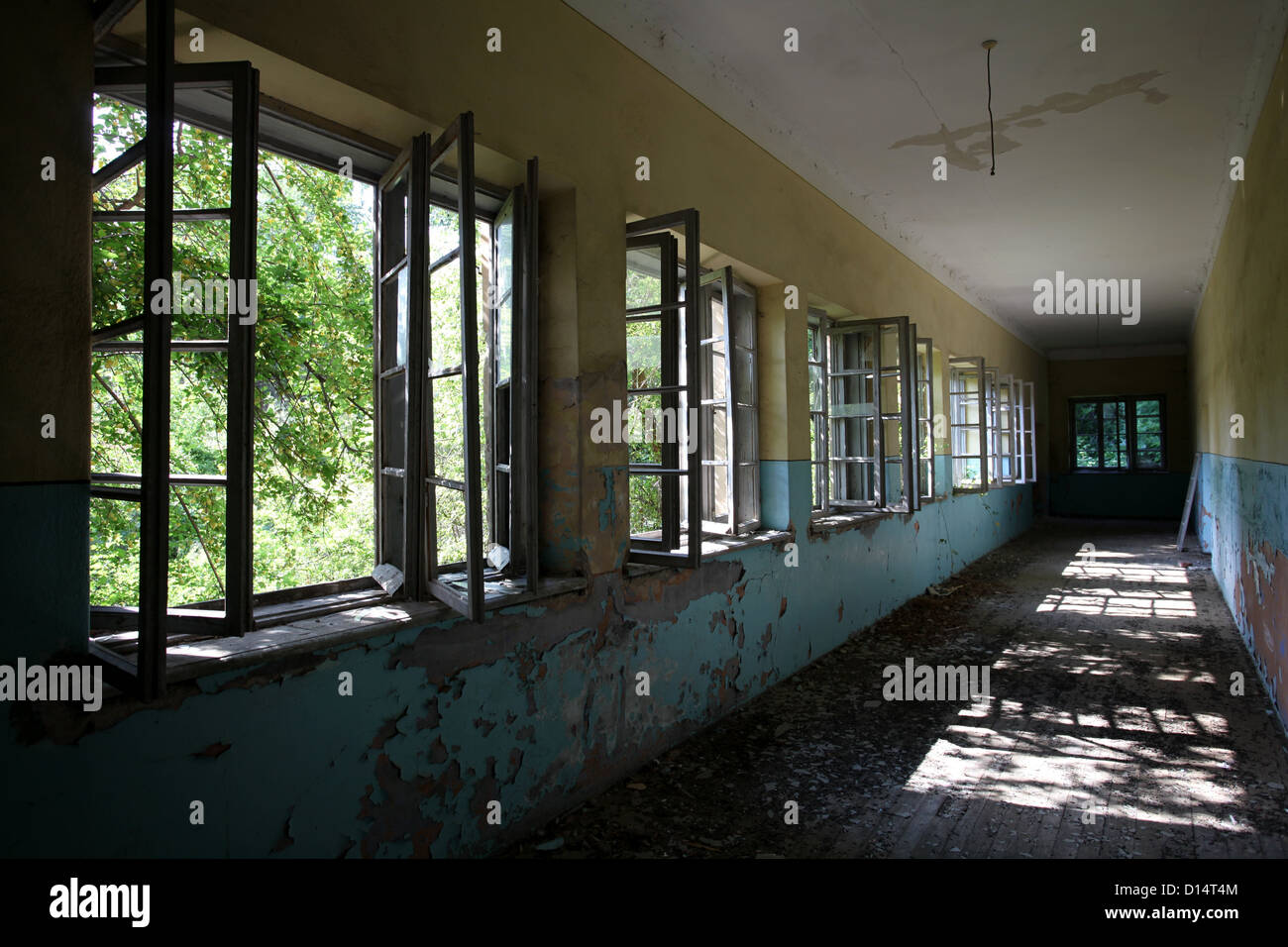 Corridor in an abandoned school in Staravina village, Macedonia Stock Photo