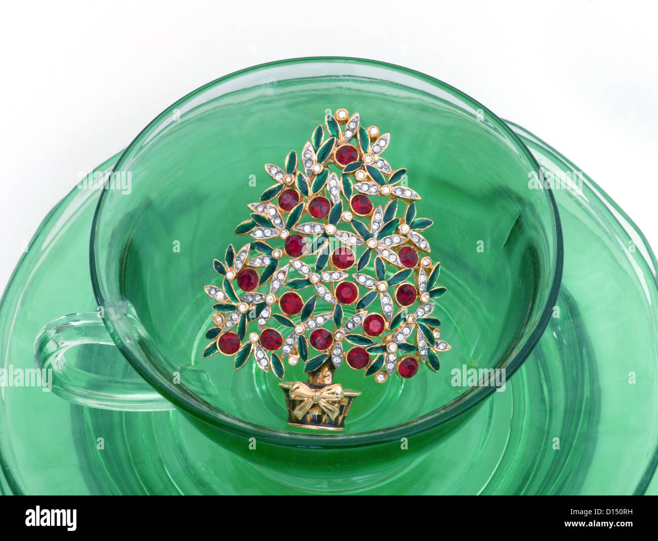 Rhinestone Christmas tree served in green glass cup with plates