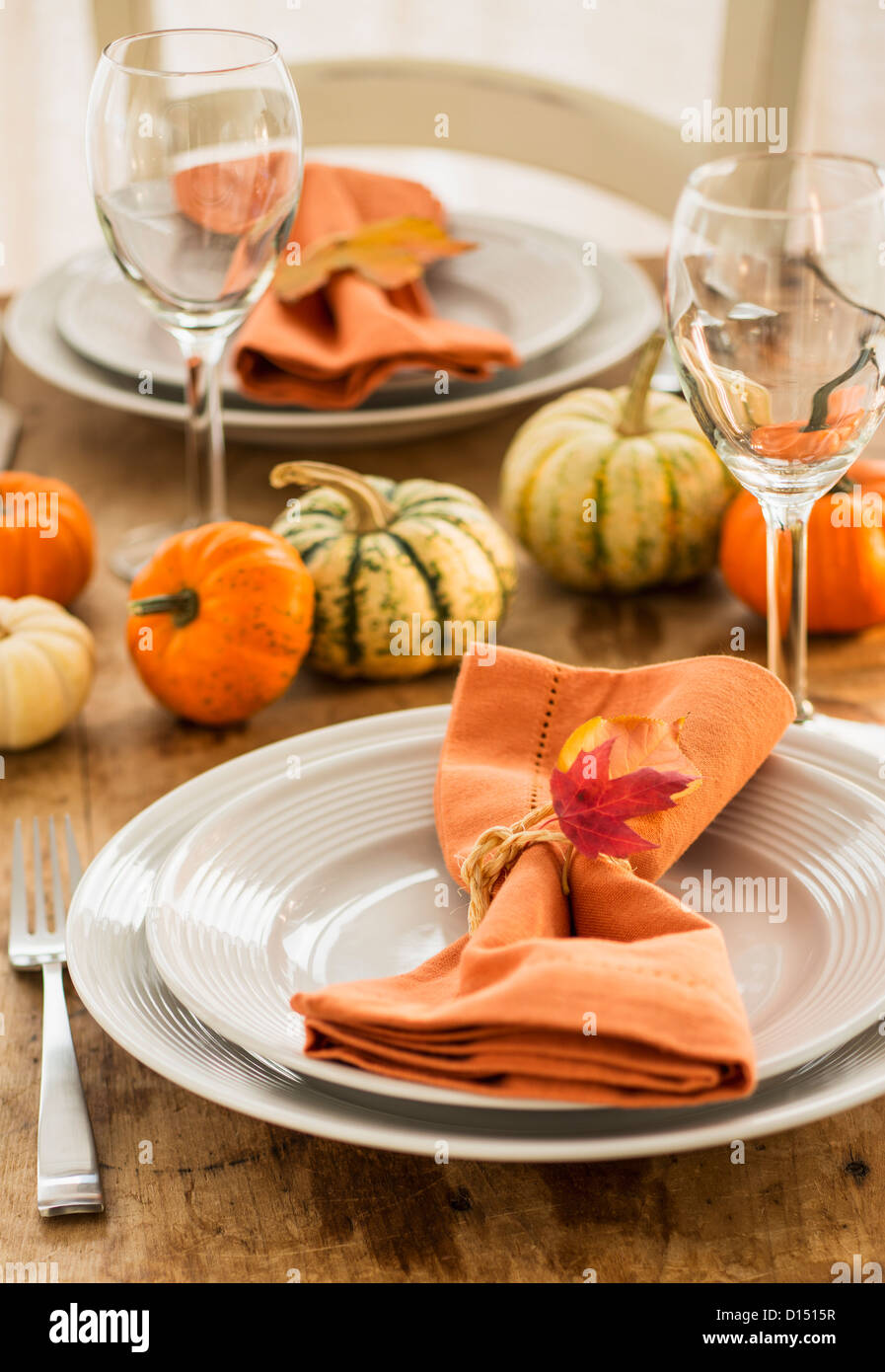 Table setting with small pumpkins Stock Photo
