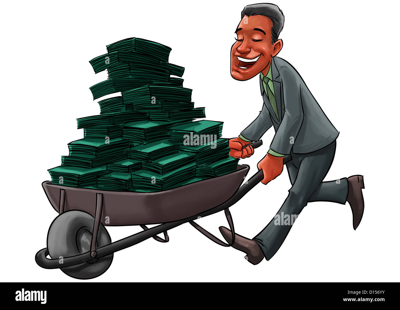 young Business man carrying a cart with a lot of money in cash Stock