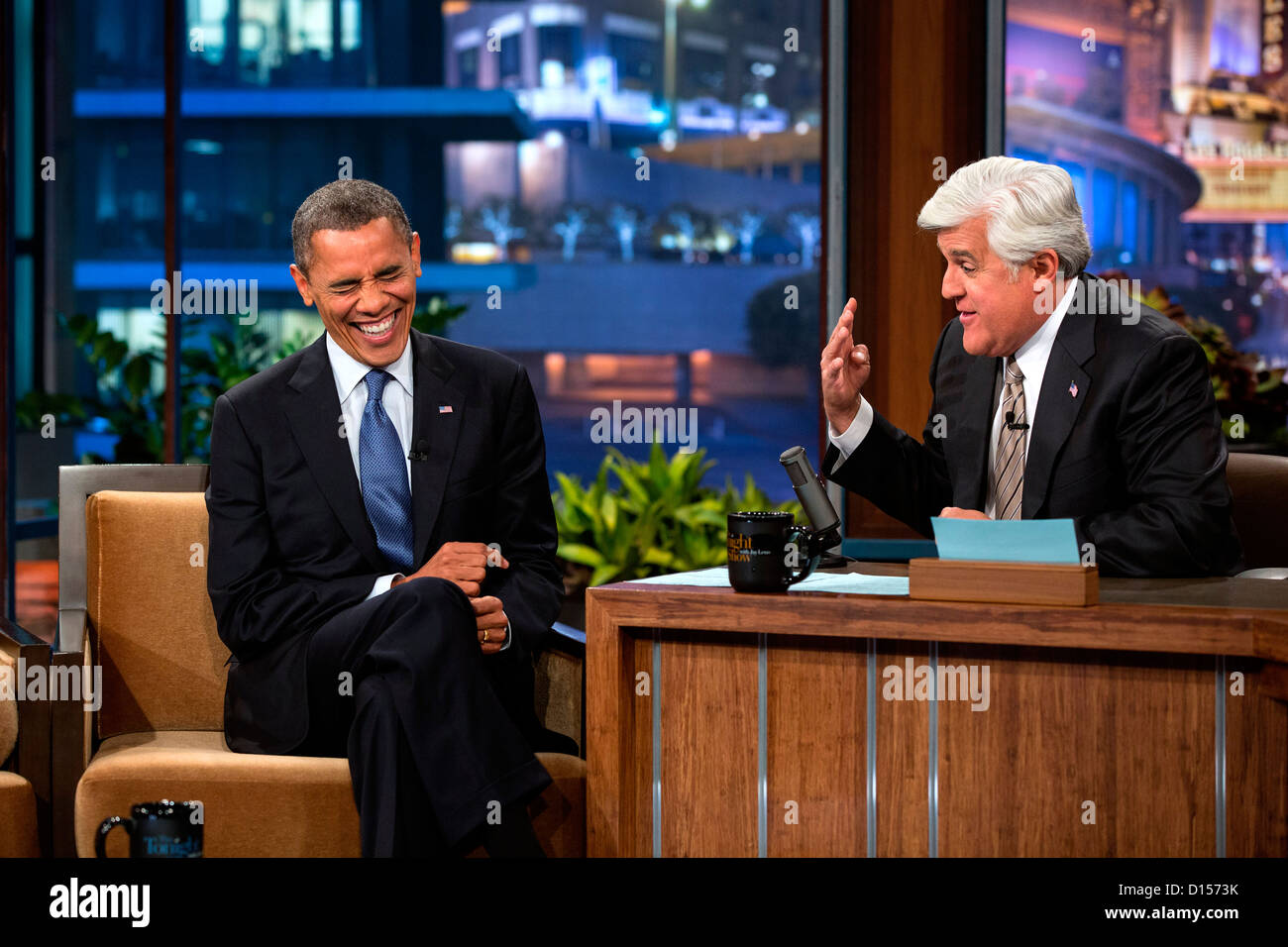 US President Barack Obama participates in an interview with Jay Leno during a taping of The Tonight Show with Jay Leno at the NBC Studios October 24, 2012 in Burbank, CA. Stock Photo