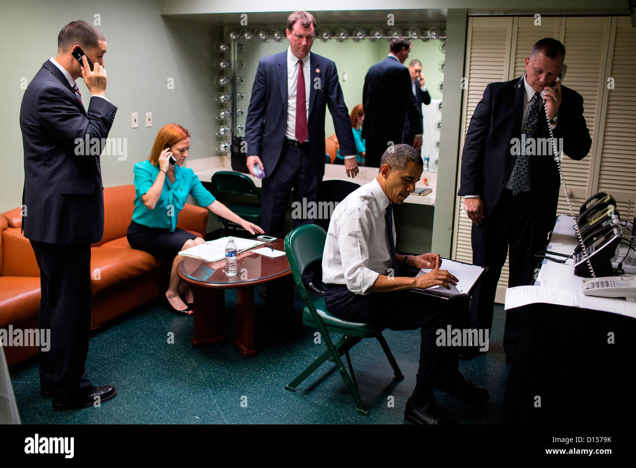 US President Barack Obama prepares for an interview at the University of Miami October 11, 2012 in Miami, FL. Stock Photo