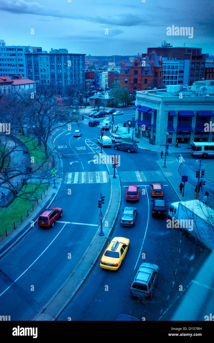 High angle view of urban cityscape at dusk Stock Photo