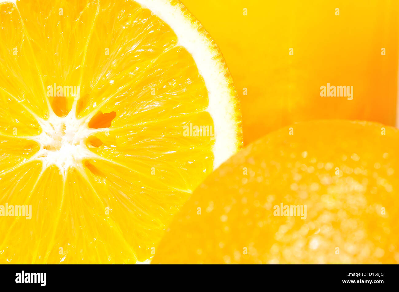 Close up image of oranges and orange juice. Stock Photo