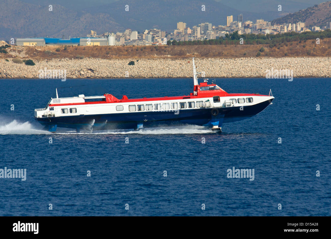 Flying Dolphin jet highspeed ship traveling in the Aegean sea in Greece Stock Photo