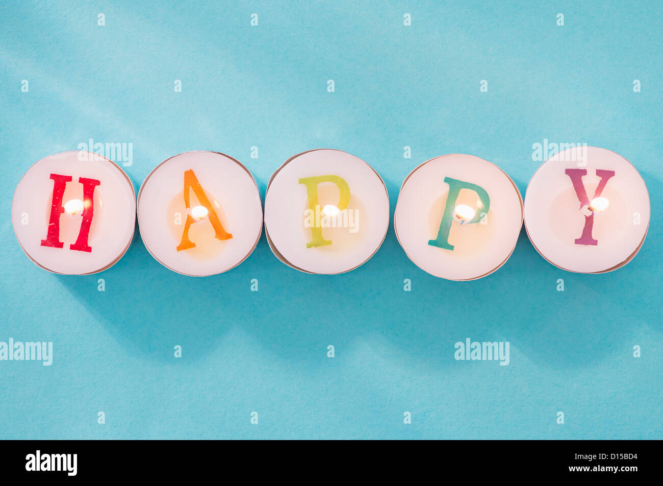 Tea candles with birthday wishes Stock Photo Alamy