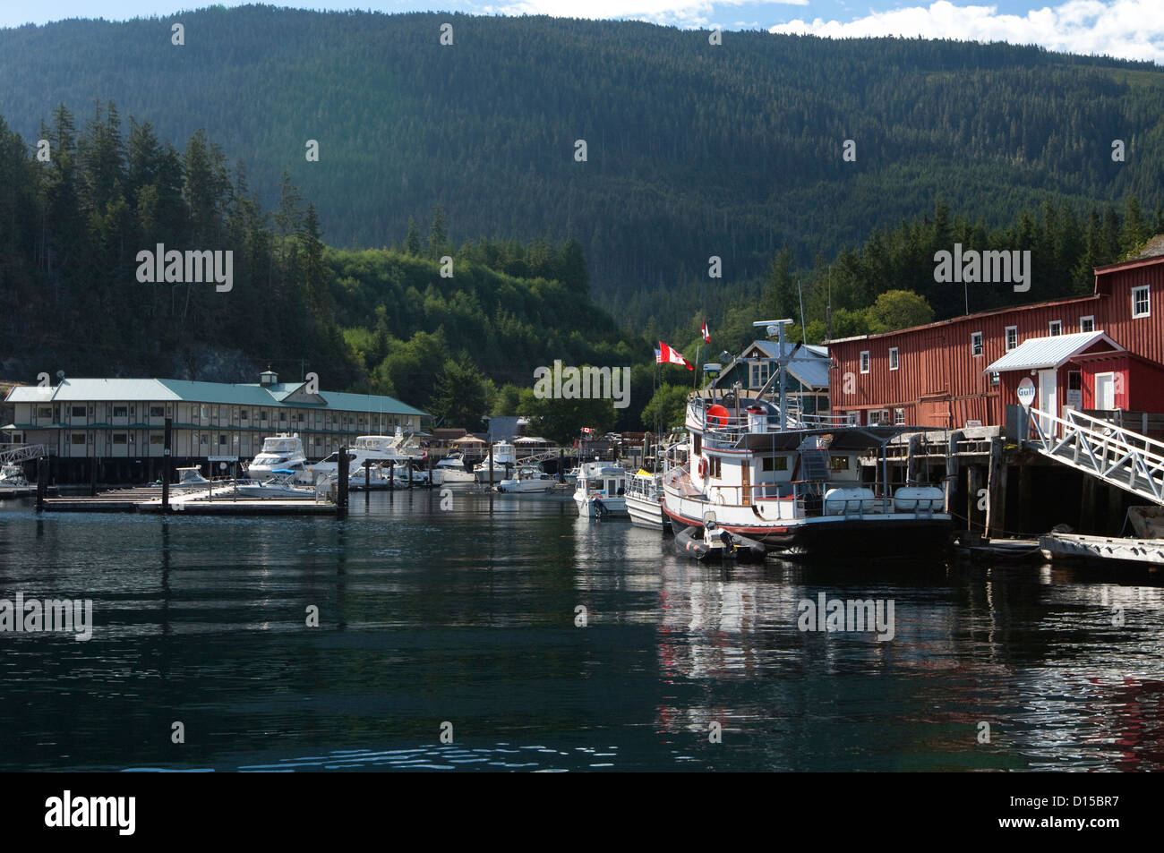 Telegraph Cove, located in Vancouver Island, British Columbia, Canada, is a major hub for whale watching and sea kayaking. Stock Photo