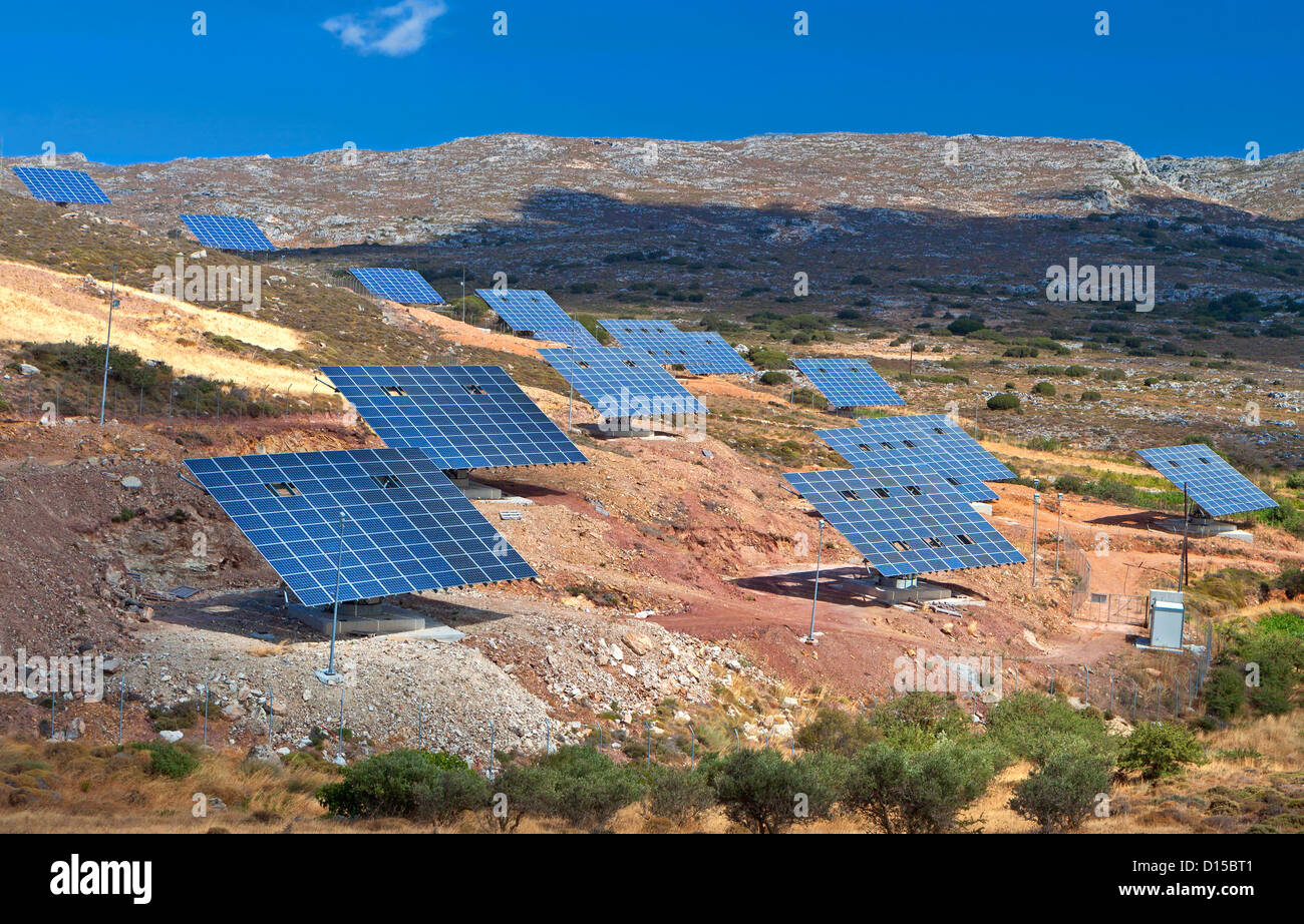 Solar panels unit at Crete island of Greece. Area of Zakros mountains. Stock Photo