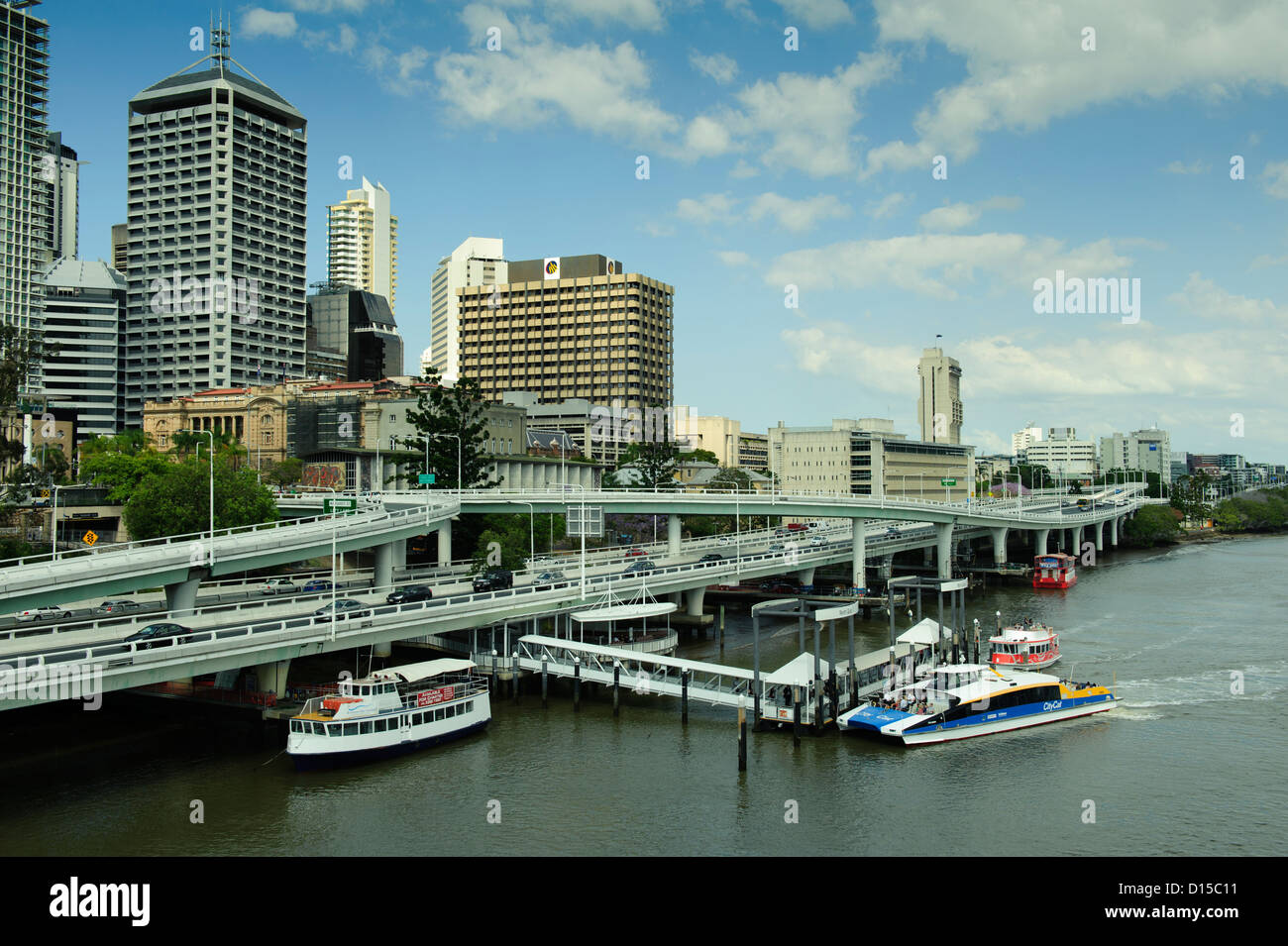 Ferries mooring on Brisbane River in Brisbane, Queensland, Australia