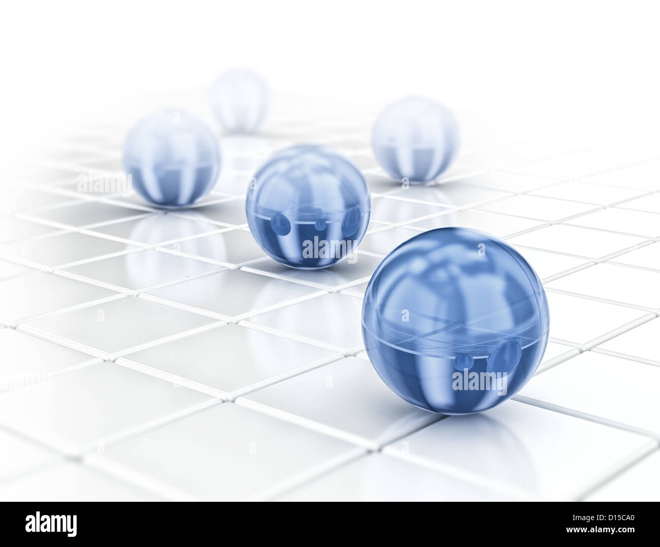 Glass spheres blue on white reflective floor Stock Photo - Alamy