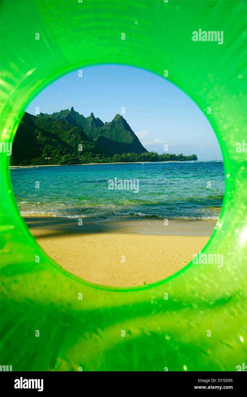 Hawaii, Kauai, Tunnels Beach, Green Innertube Framing Bali Hai Point