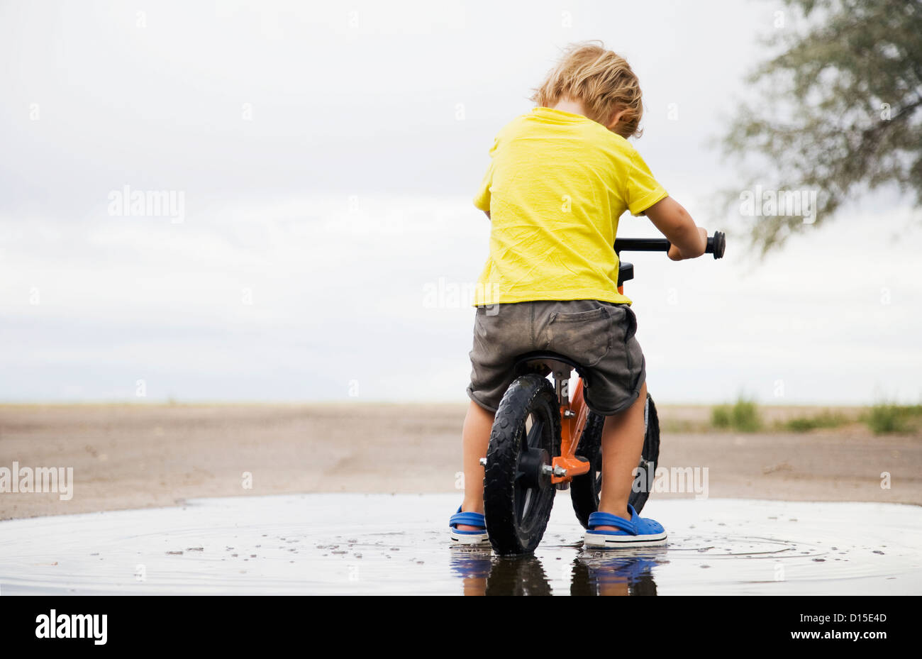 USA, Colorado, Toddler boy (2-3) riding bicycle in puddle Stock Photo