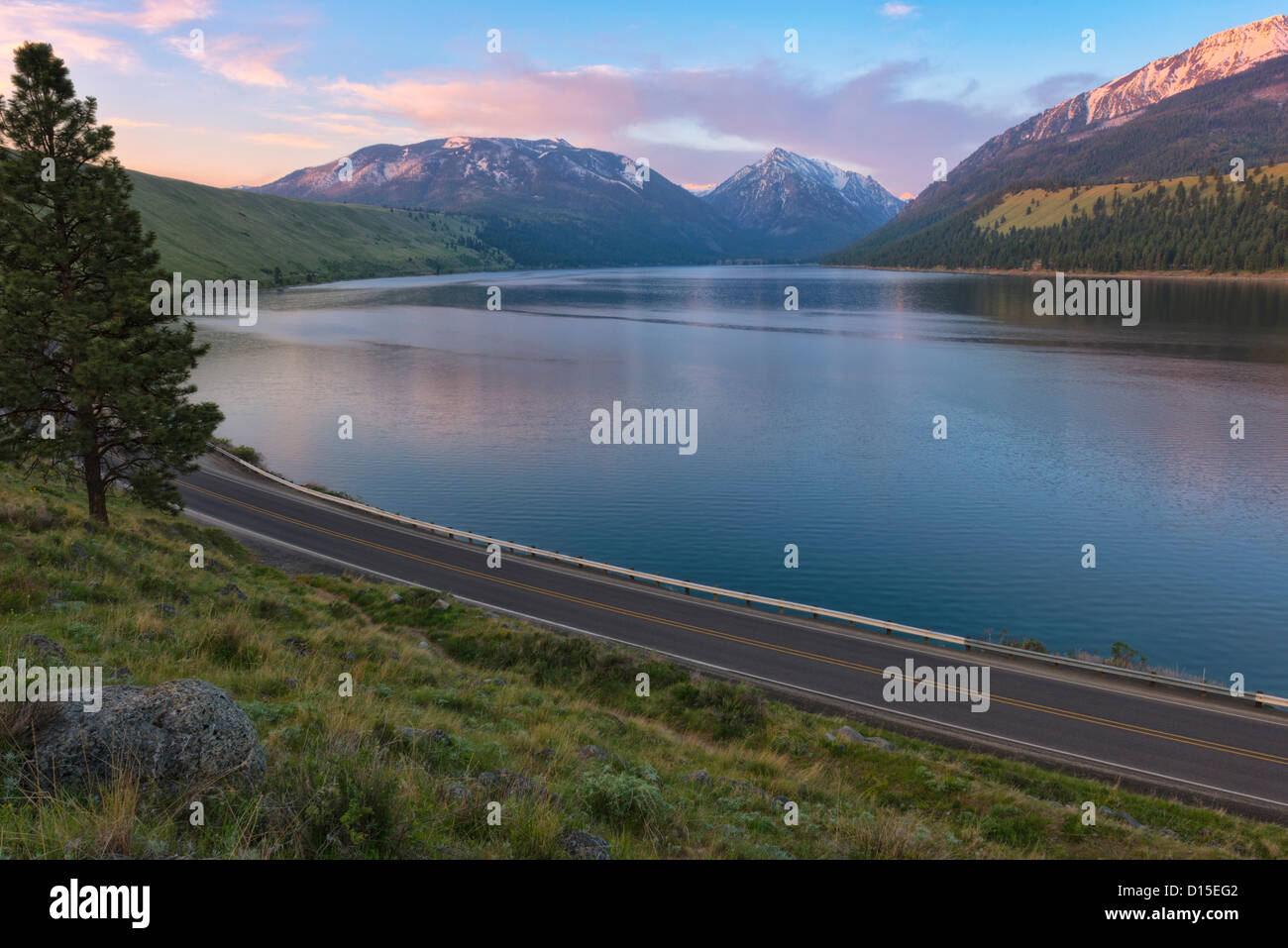 USA, Oregon, Wallowa County, Wallowa Lake and highway at sunset Stock