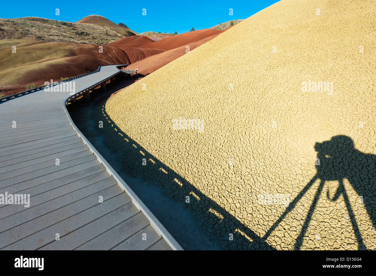 USA, Oregon, Wheeler County, Painted Hills and photographer's shadow Stock Photo