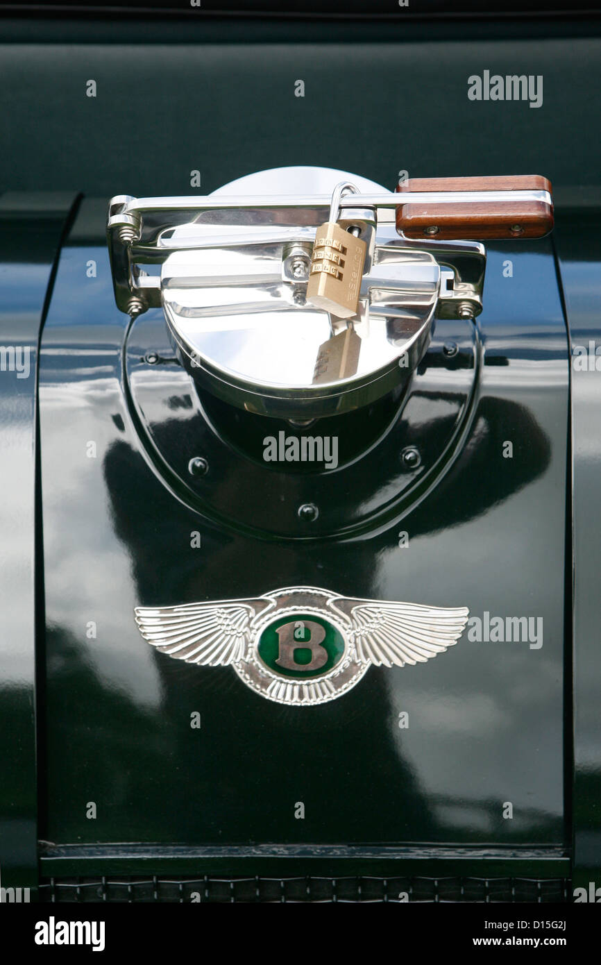 The rear badge and fuel cap of a Bentley vintage car. Stock Photo